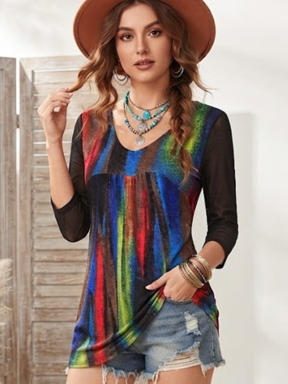 Creation Vibrant Abstract Art Print 3/4 Sleeve Tunic Top Size S